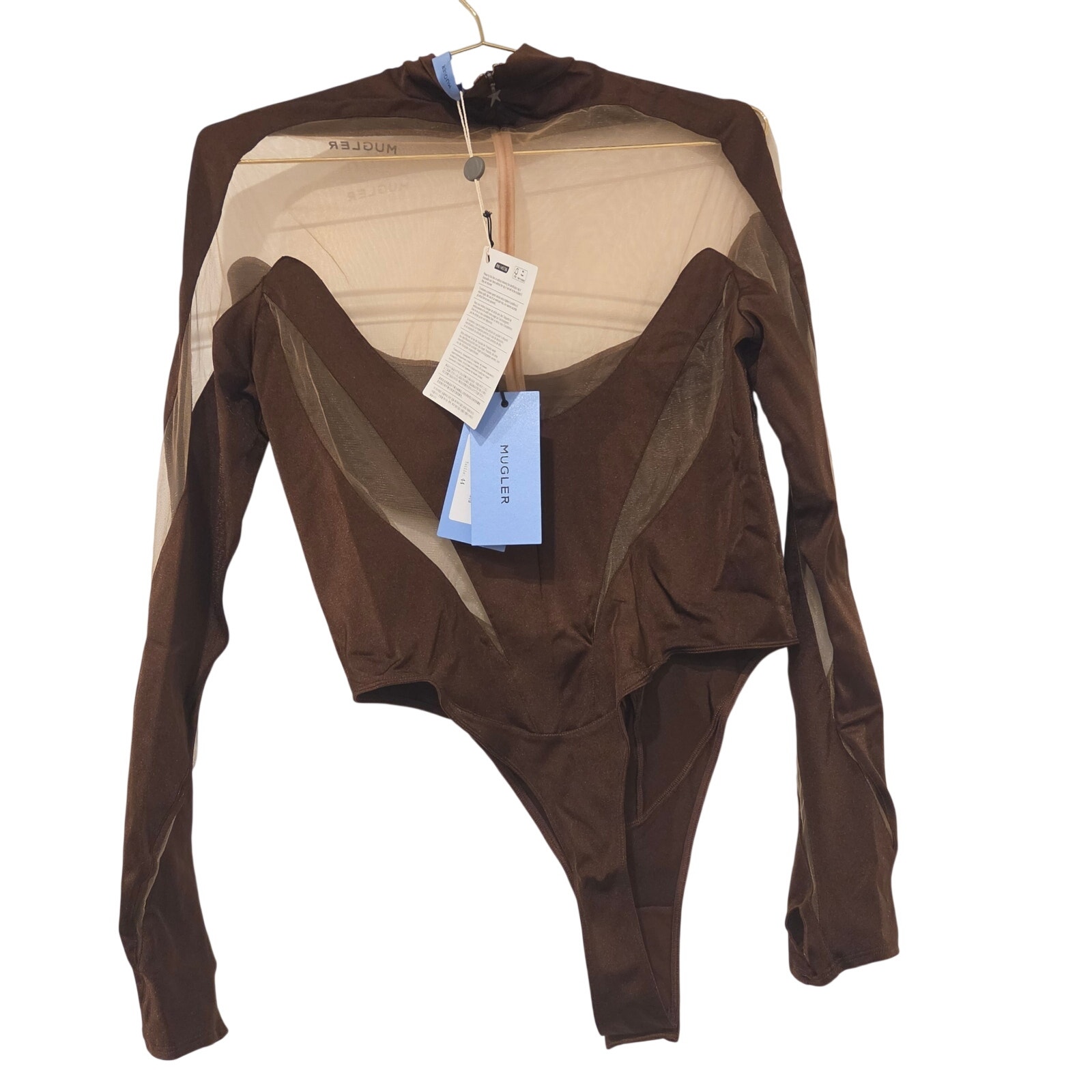 Mugler Brown Illusion Neckline Mesh Cutout Bodysuit Size 12 — image 7 of 8